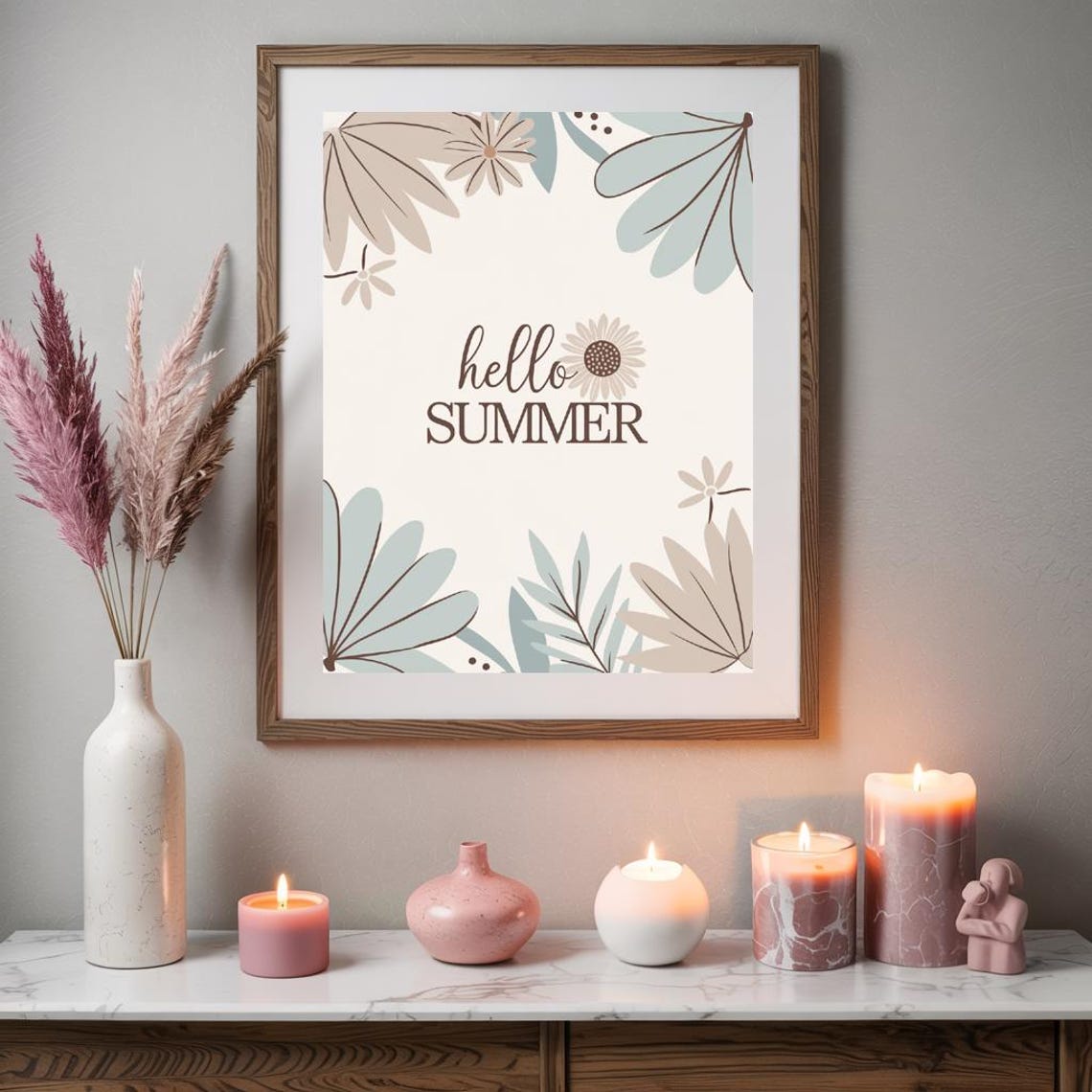 Hello Summer Minimal Boho Neutral Corner Leaves Botanical Poster
