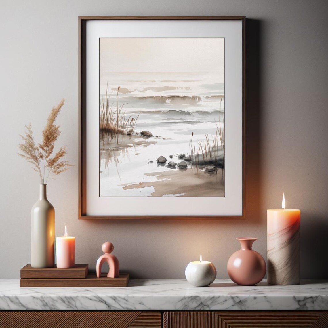Soft Coastal Shoreline Waves Rocks Reeds Watercolor Beach Poster - Image 3