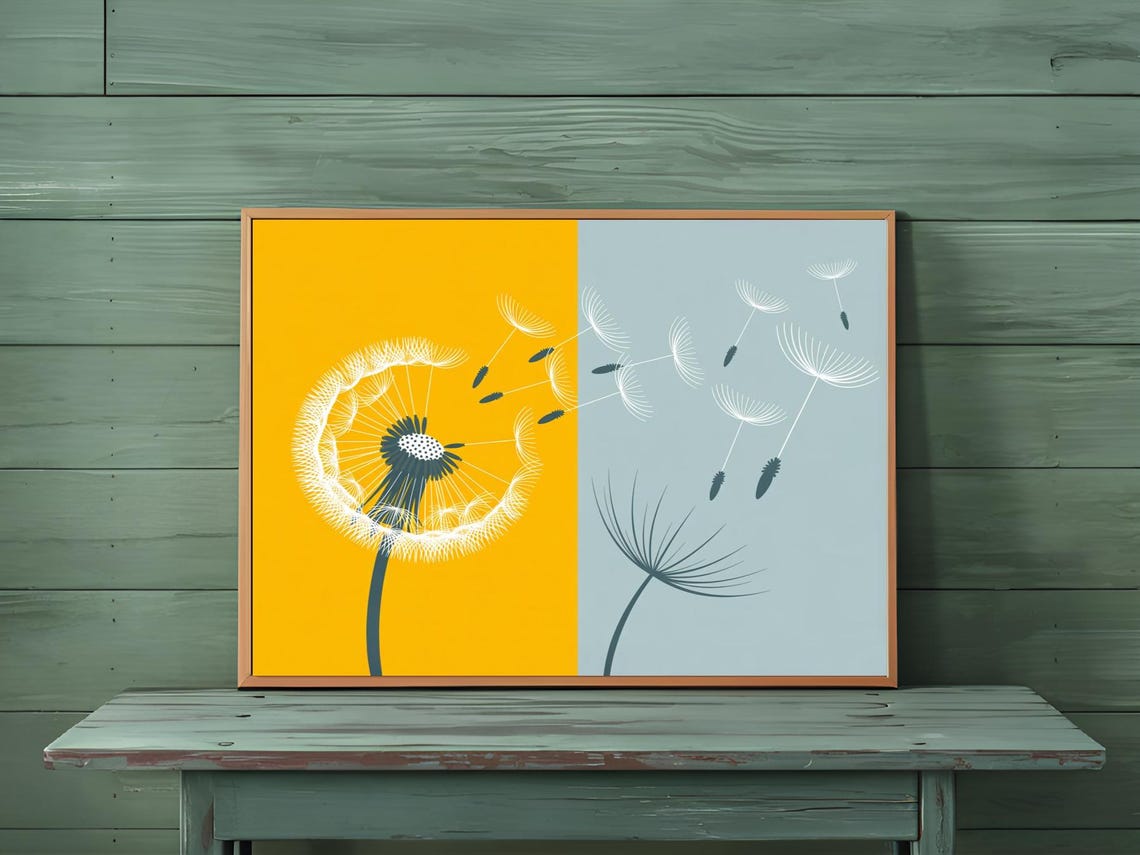 Dandelion Seeds Blowing Mustard Yellow Grey Dualtone Art Print