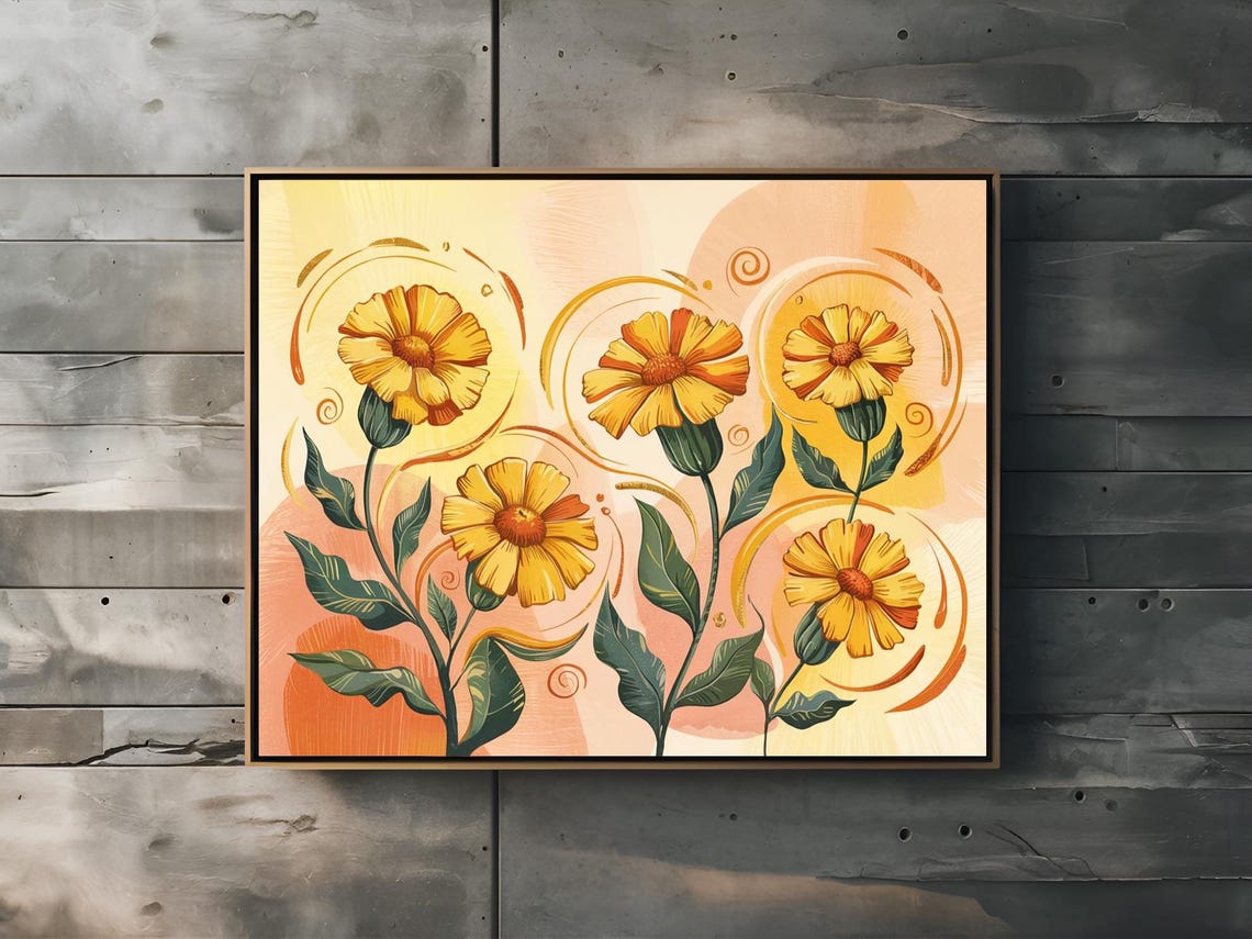 Golden Marigold Flowers With Artistic Swirls Warm Nature Wall Art