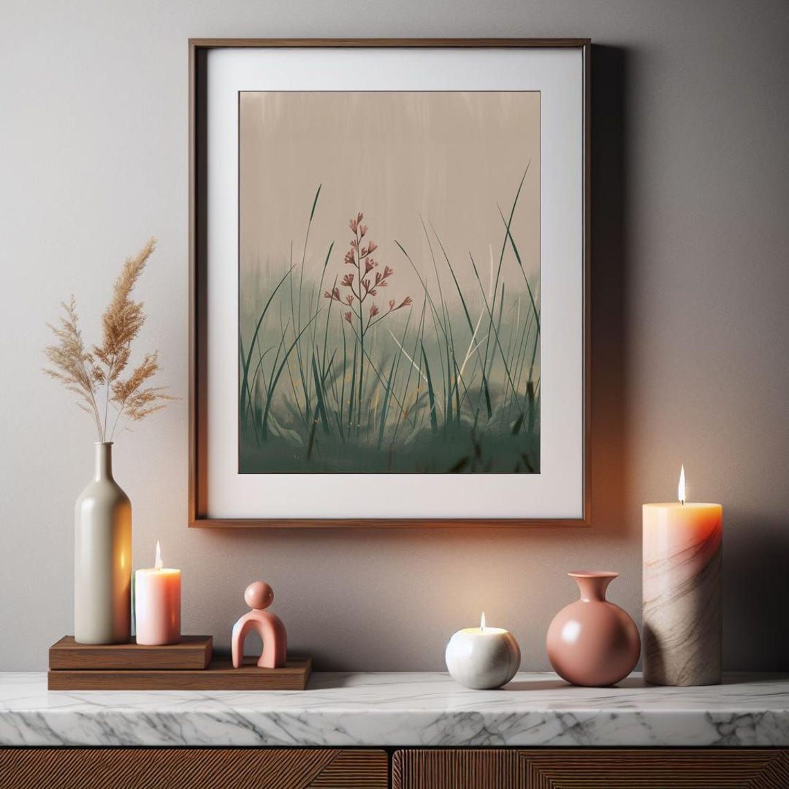 Misty Grass Field Rust Blossom Soft Green Haze Nature Art Print - Image 2