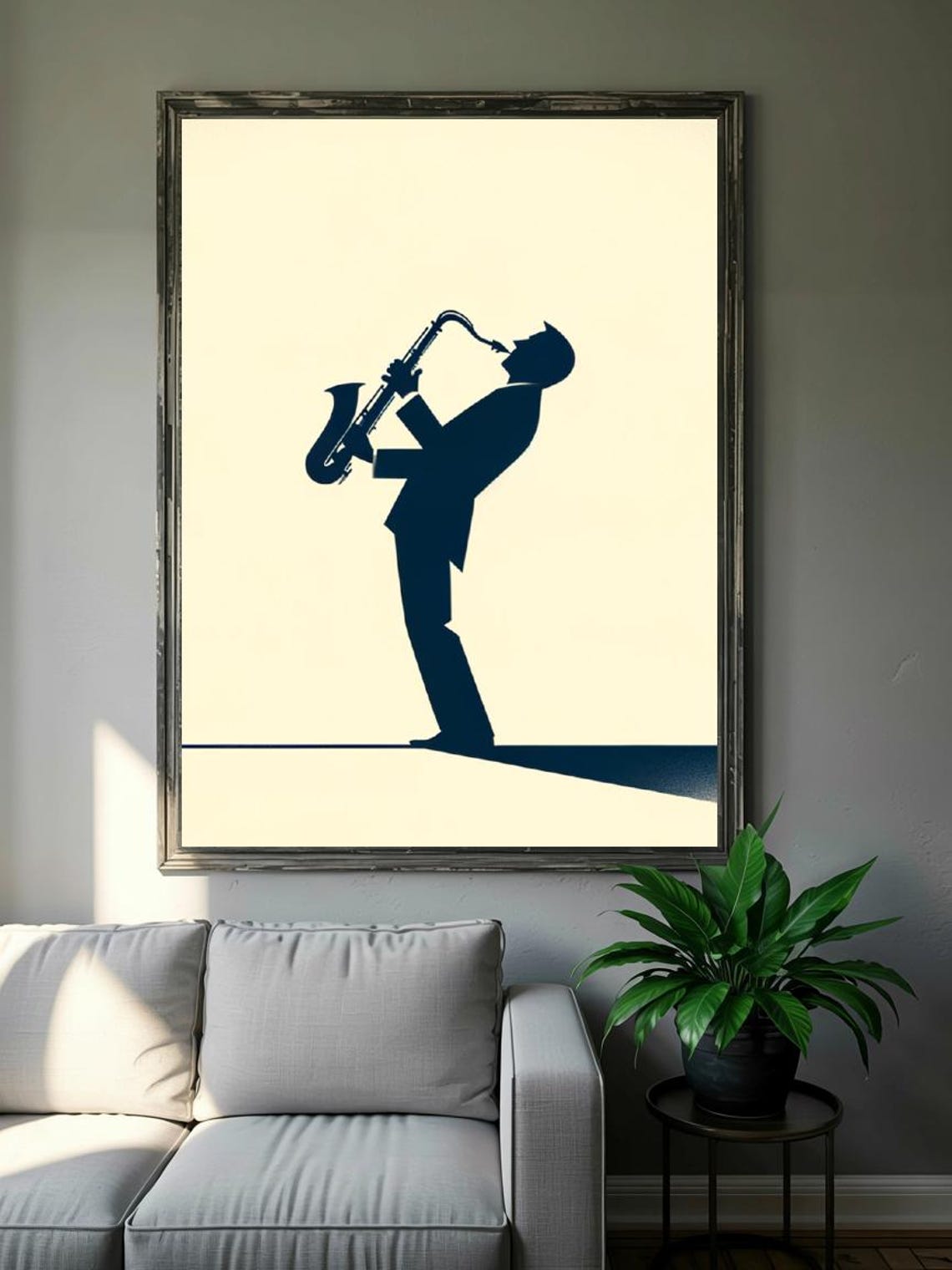 Jazz Saxophonist Silhouette Minimalist Navy Cream Music Room Print - Image 2