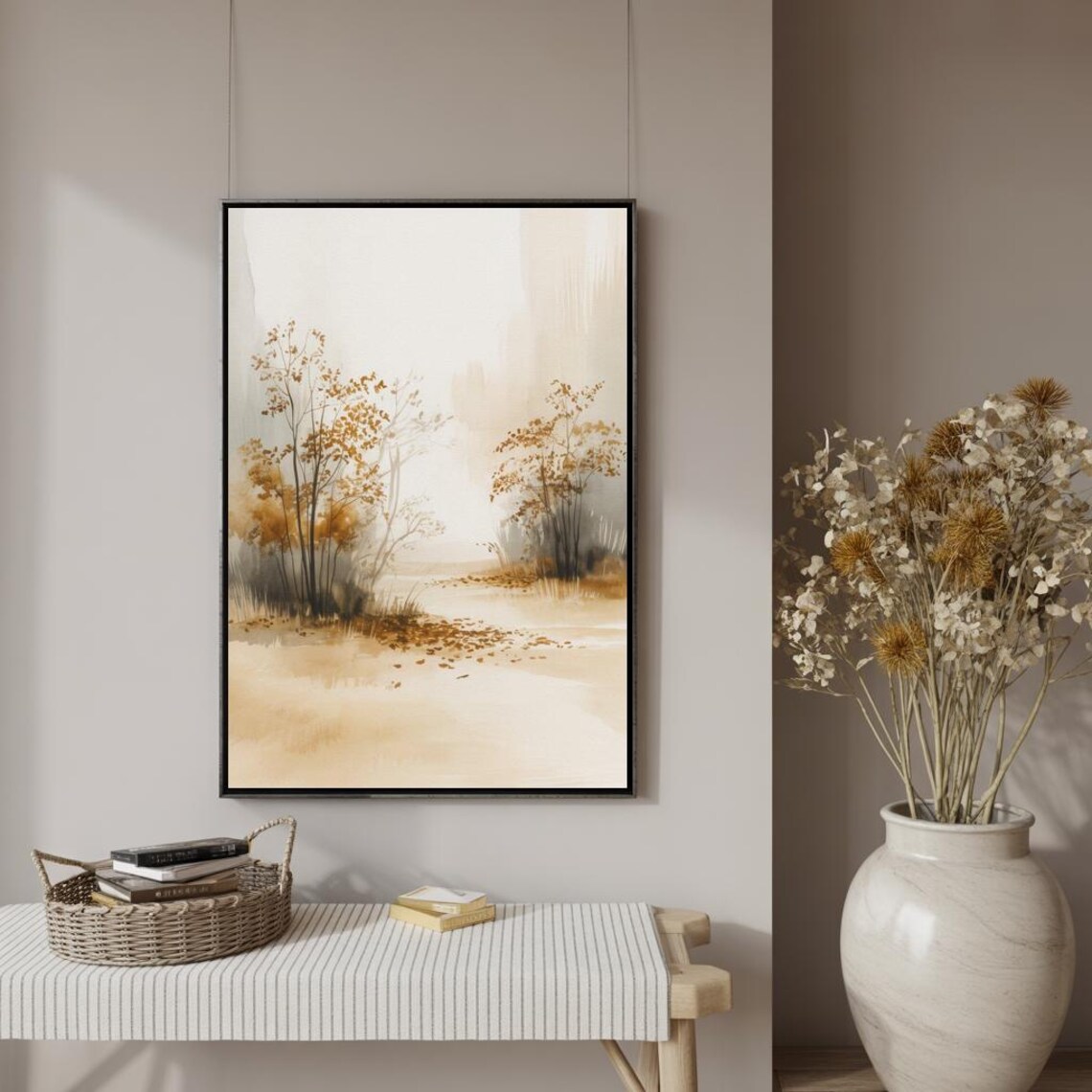 Golden Autumn Trees Misty Landscape Watercolor Nature Poster