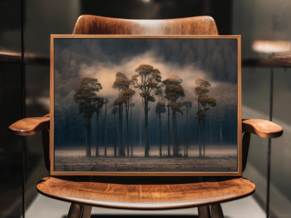 Moody Foggy Forest With Tall Dark Trees Under Stormy Sky Poster - Image 2
