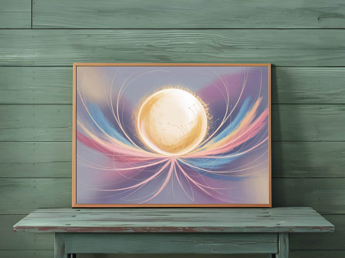 Golden Radiating Orb With Pastel Swirls Lavender Celestial Wall Art - Image 3