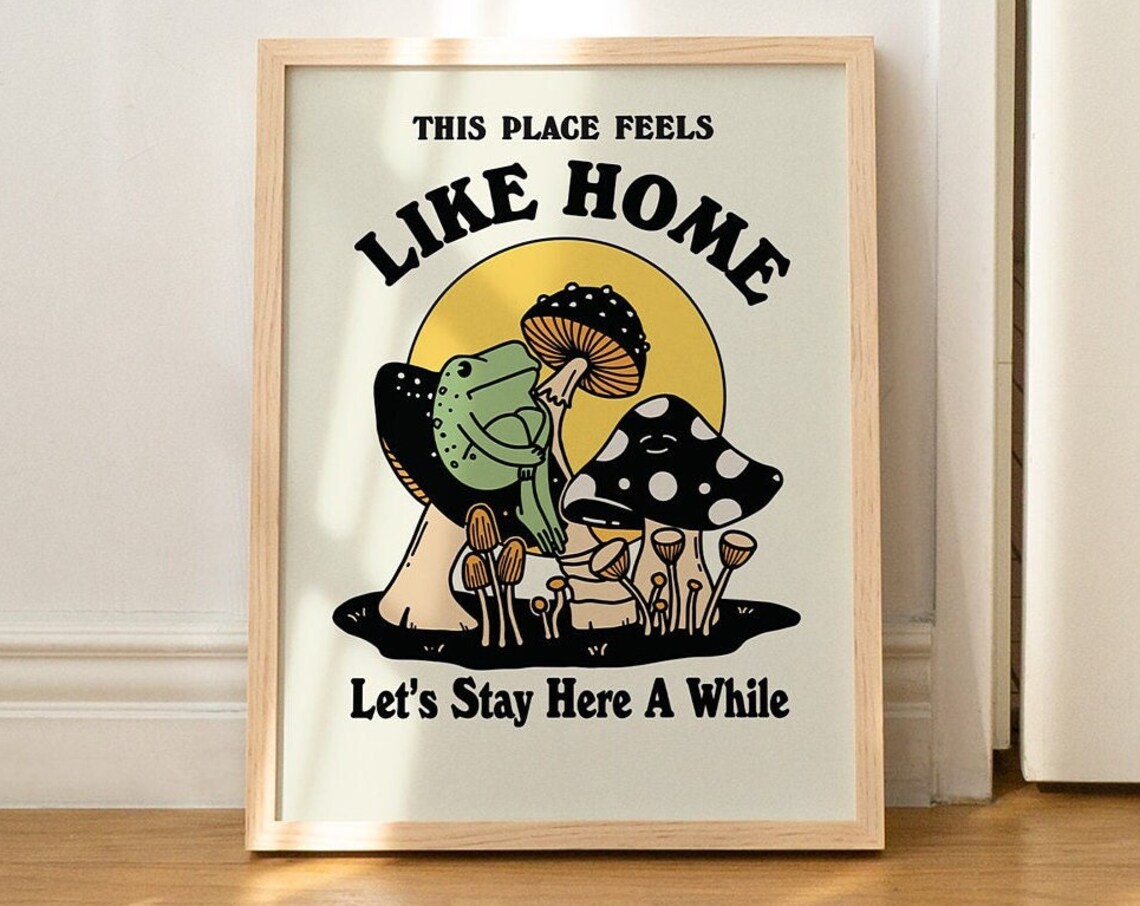Retro Frog Mushroom Illustration 70s Poster Print