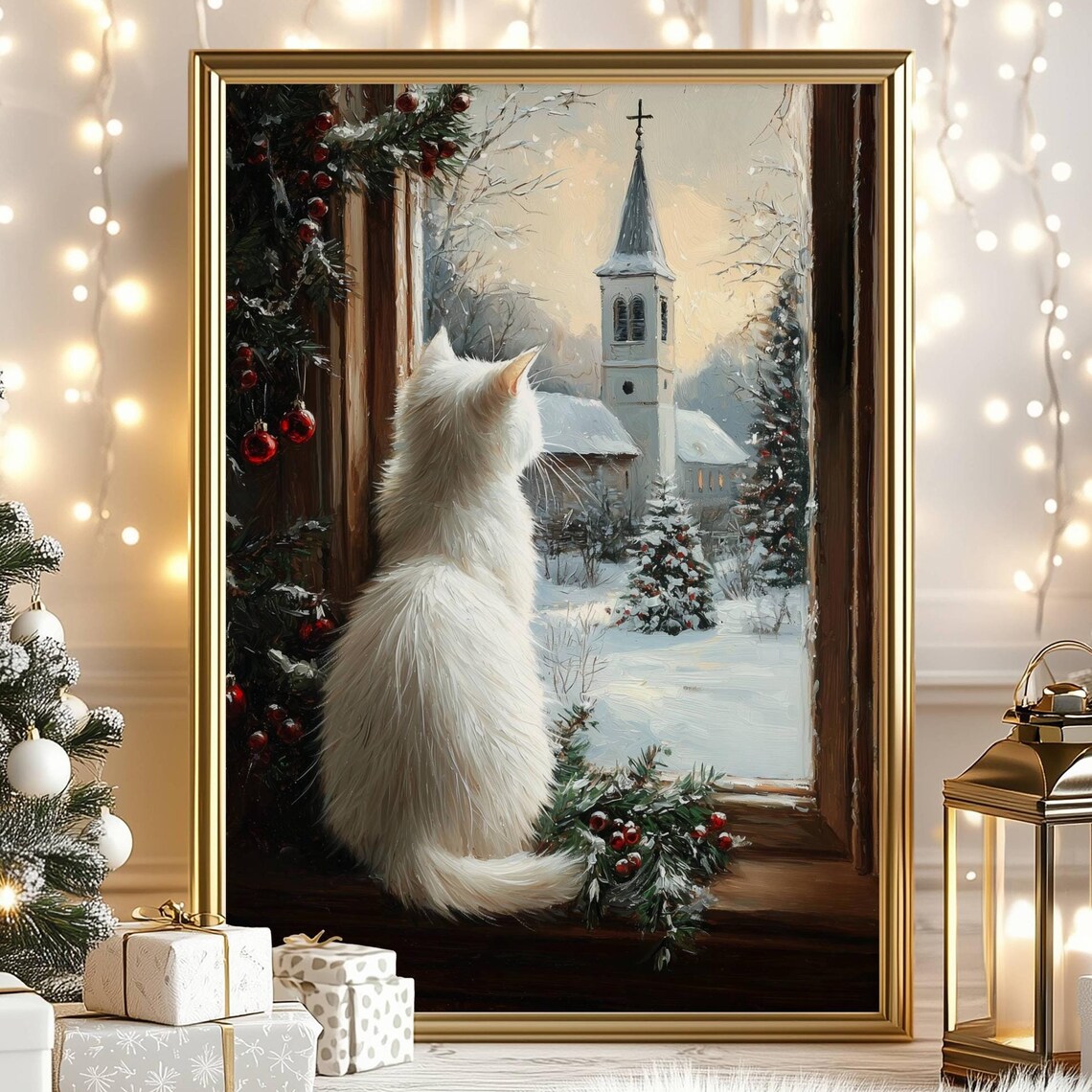 White Cat Farmhouse Christmas Poster, Rustic Holiday