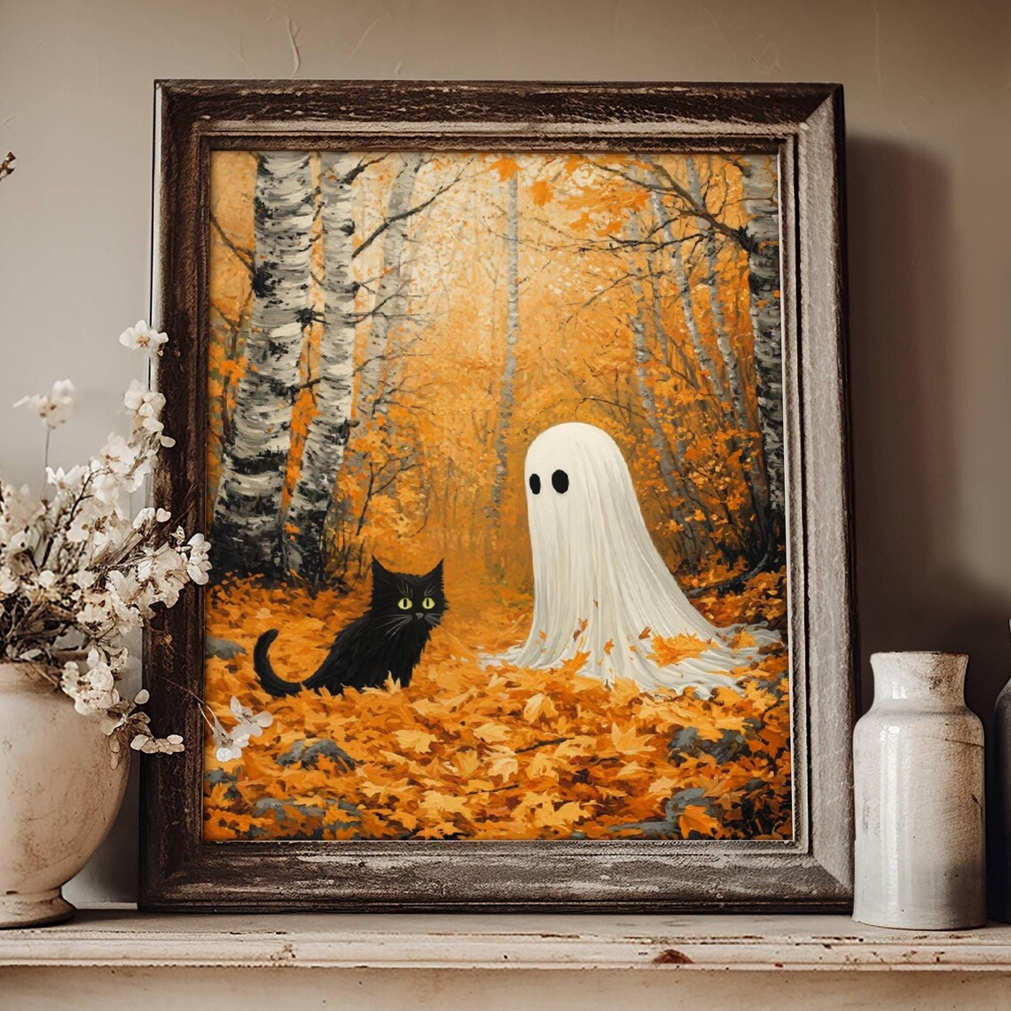 Ghost And Cat In Autumn Leaves, Whimsigoth Halloween Art Print