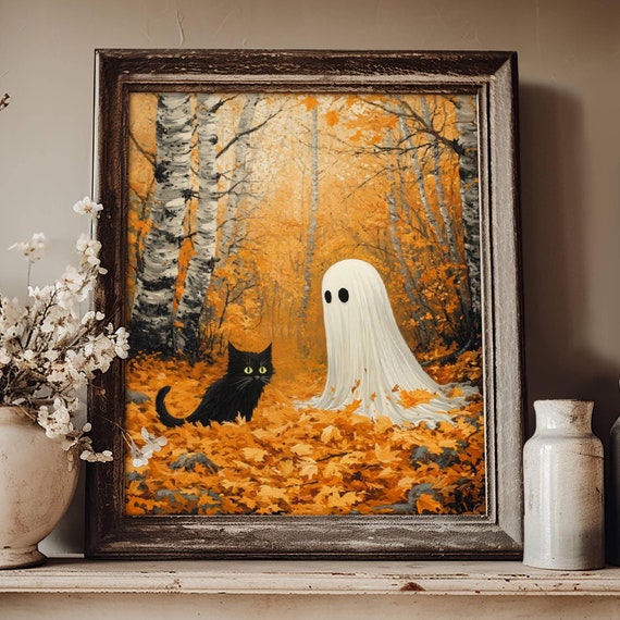 Ghost And Cat In Autumn Leaves, Whimsigoth Halloween Art Print