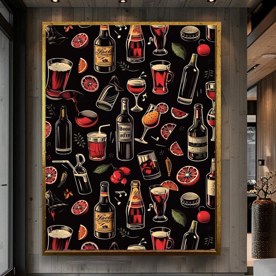 Cocktail Wine and Beer Bottles Pattern on a Black Bar Decor Poster