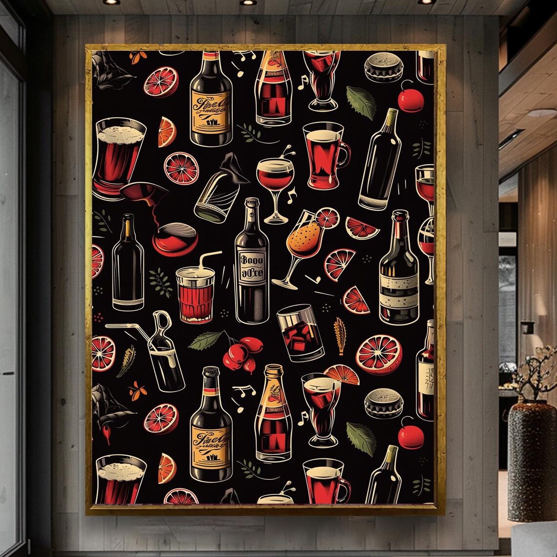 Cocktail Wine and Beer Bottles Pattern on a Black Bar Decor Poster