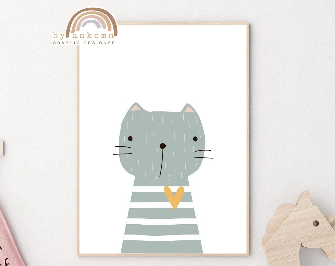 Cute Gray Cat With Striped Sweater And Heart Nursery Decor Poster