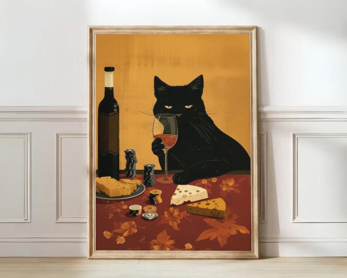 Poker Face Black Cat Art Print, Cat Lover Gift