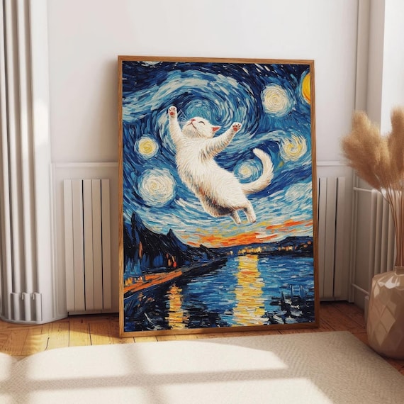Joyful White Cat Leaping Joyfully Under a Starry Night Poster