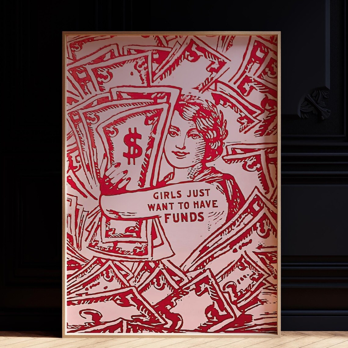 Girls Just Want To Have Funds Retro Pink Money Manifest Wall Art