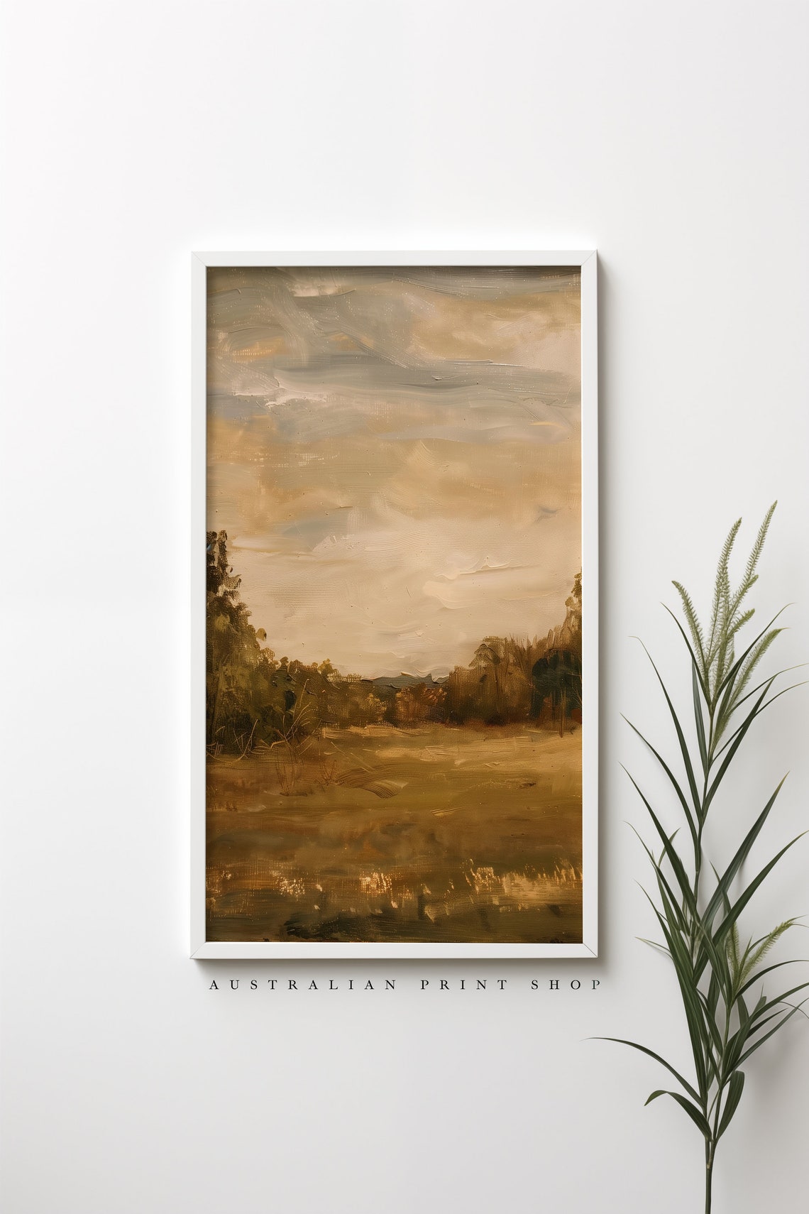 Vintage Rustic Countryside Painting Muted Landscape Print Moody Living Room Decor Neutral Farmhouse Wall Art - Image 3