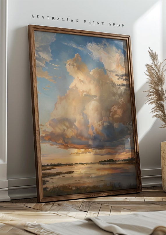 Cloudy Summer Sky Painting Neutral Farmhouse Decor Print Nursery Art Cloud Art Lake Sunset Print Summer Sunrise Artwork