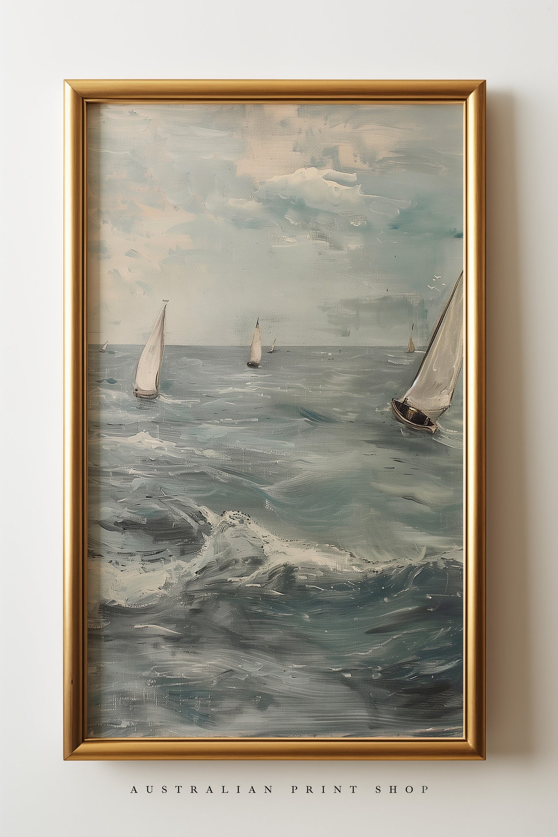 Vintage Ocean Oil Painting Muted Nautical Seascape Print Neutral Sailboat Ocean Art - Image 5
