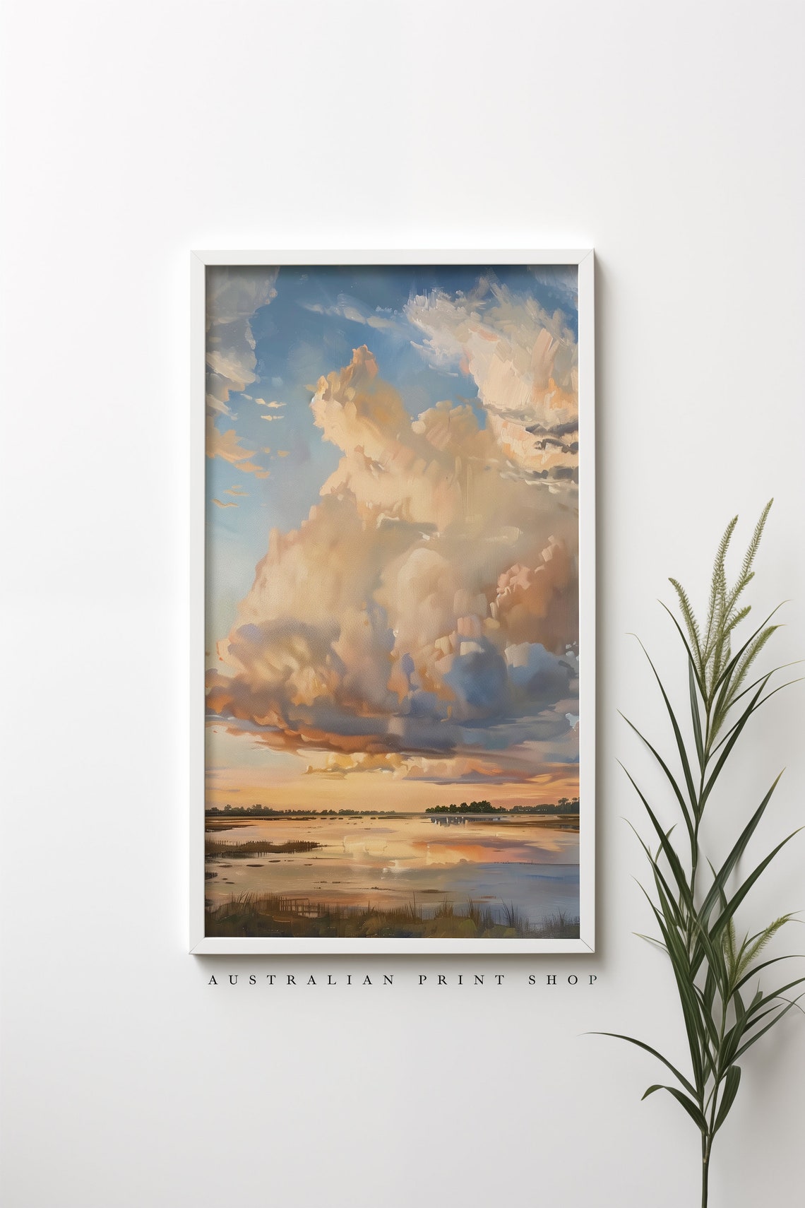 Cloudy Summer Sky Painting Neutral Farmhouse Decor Print Nursery Art Cloud Art Lake Sunset Print Summer Sunrise Artwork - Image 4