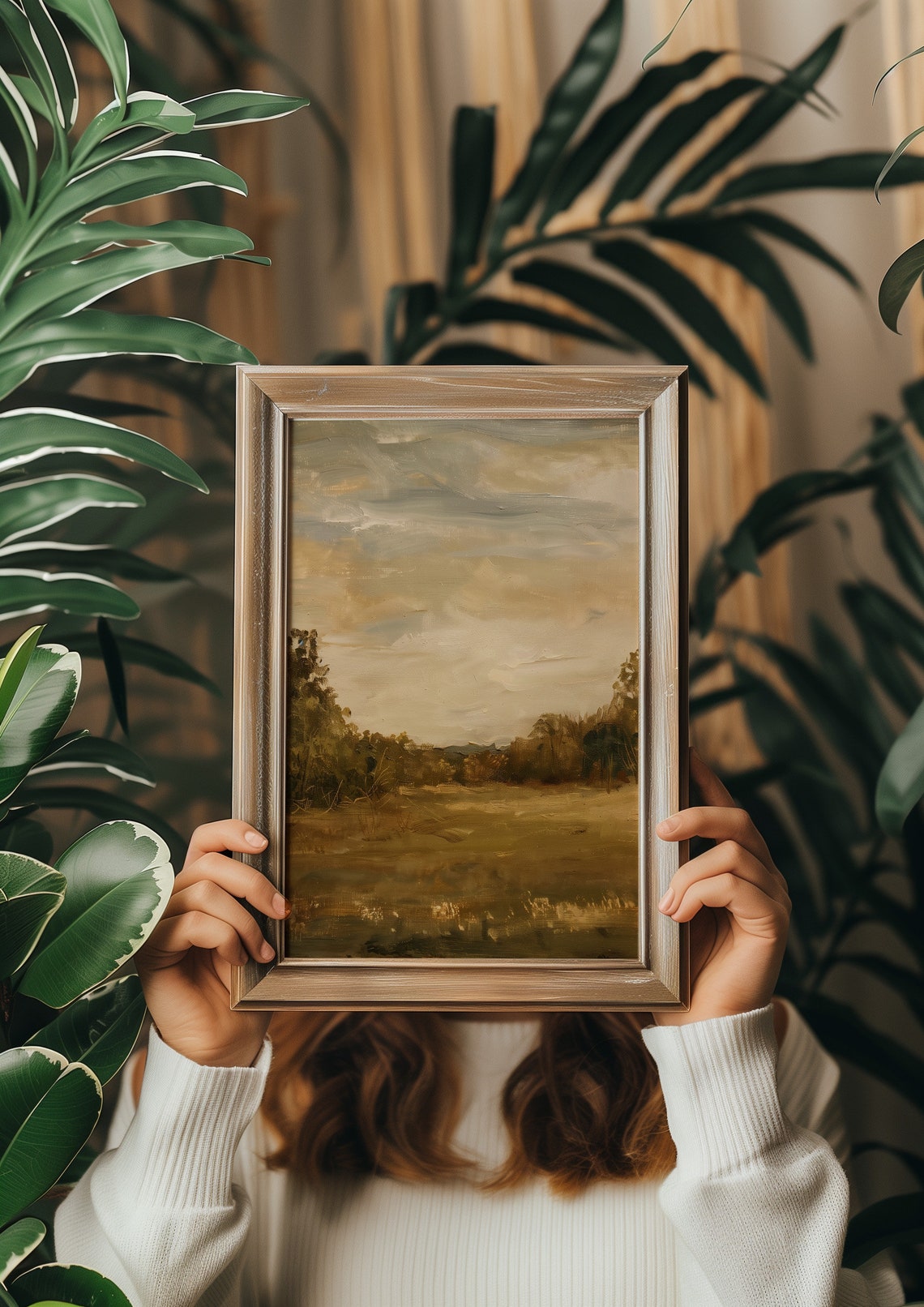Vintage Rustic Countryside Painting Muted Landscape Print Moody Living Room Decor Neutral Farmhouse Wall Art - Image 6