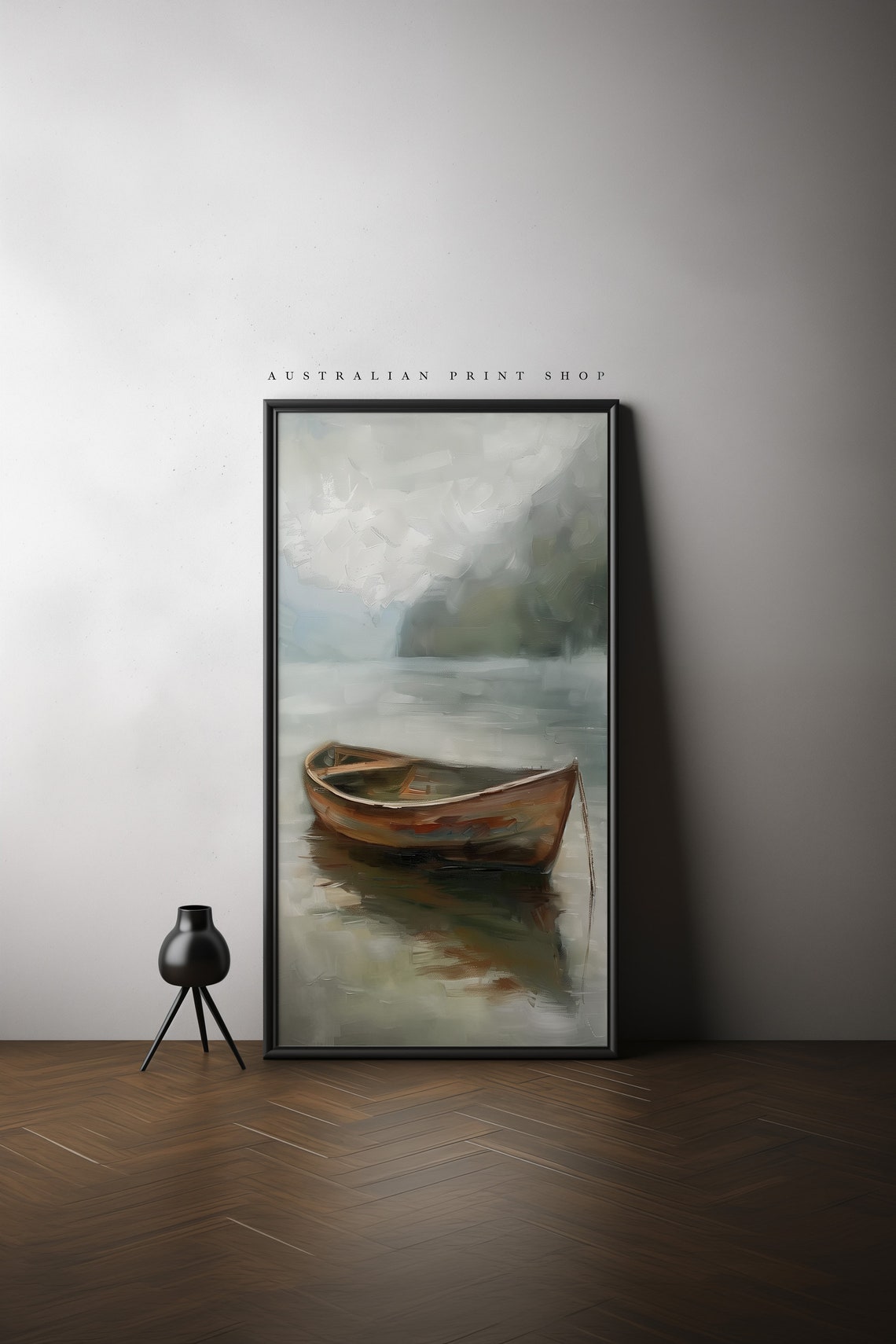 Vintage Lake Landscape Painting Serene Boat Hills Country Scene Home Decor Rustic Art - Image 2