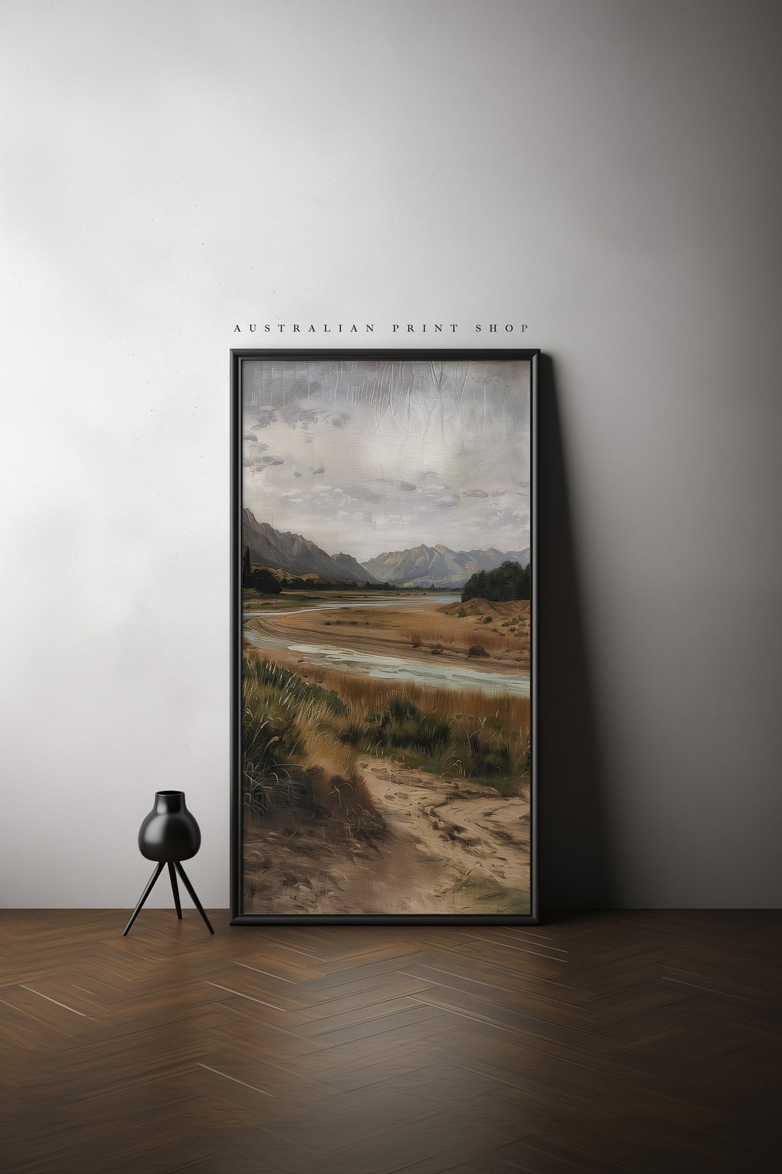 Vintage Rustic Countryside Painting Muted Landscape Print Moody Living Room Decor Neutral Farmhouse Wall Art - Image 4