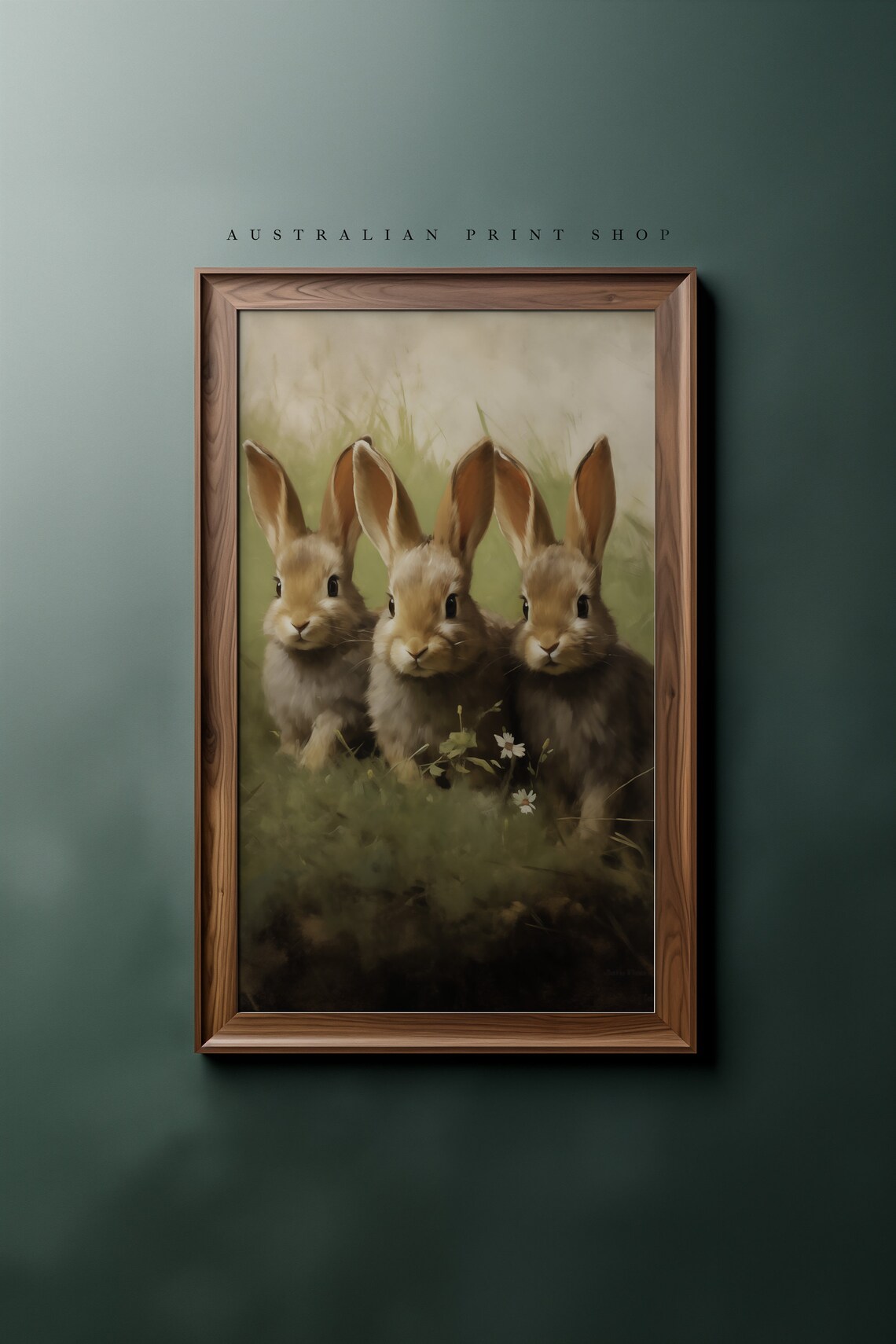 Three Cute Bunny Rabbits Huddled In Grass Vintage Oil Painting Poster - Image 3