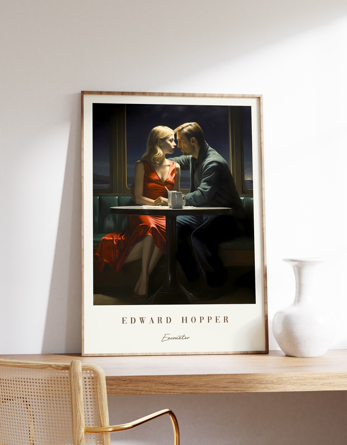 Edward Hopper Encounter Couple Night Cafe Red Dress Painting Poster
