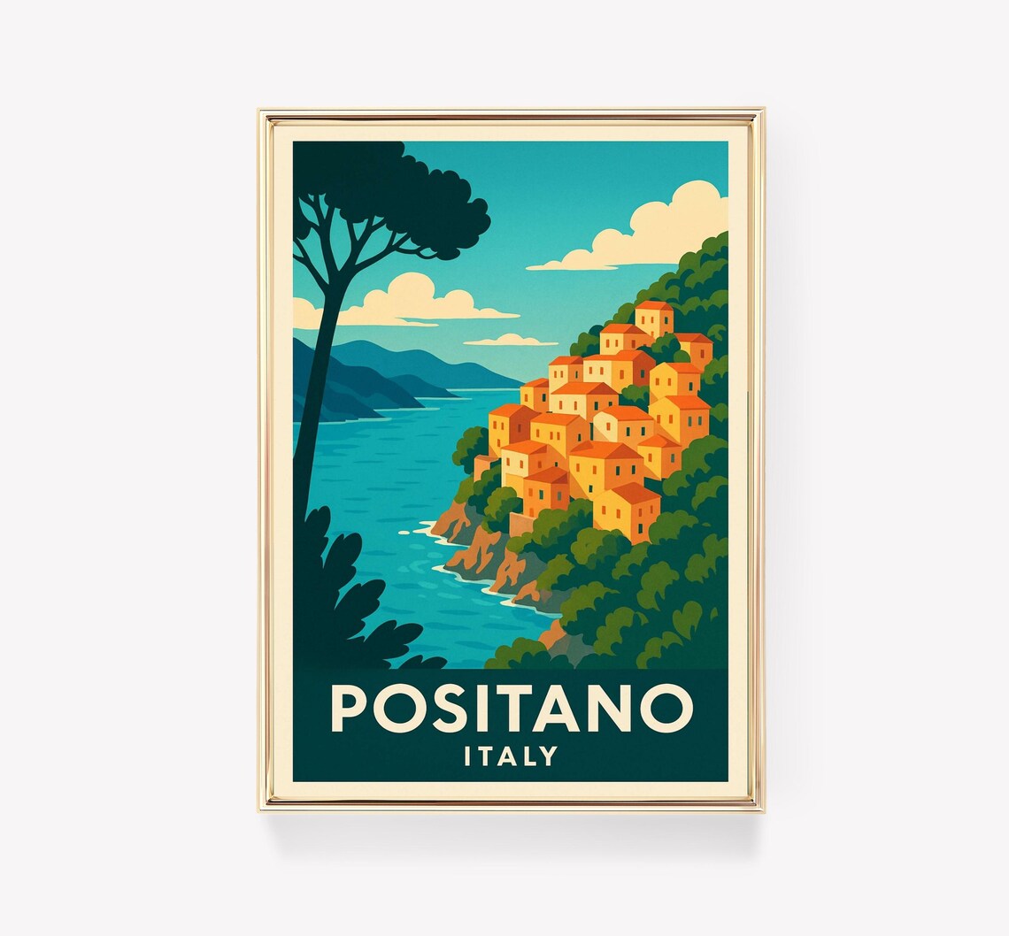 Positano Italy Amalfi Coast Cliffside Village Vintage Travel Poster