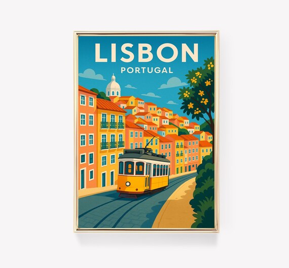 Lisbon Portugal Vintage Travel Poster Yellow Tram Hillside Houses