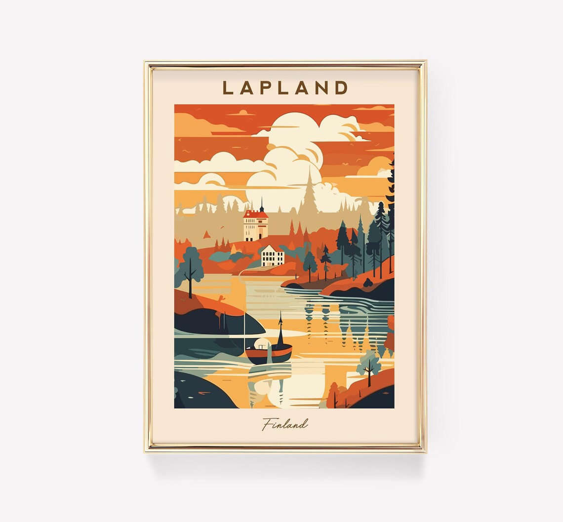 Lapland Finland Sunset Lake Village Boat Orange Sky Retro Travel Poster