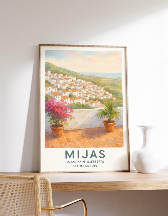 Mijas Spain Whitewashed Hillside Village Watercolor Travel Poster