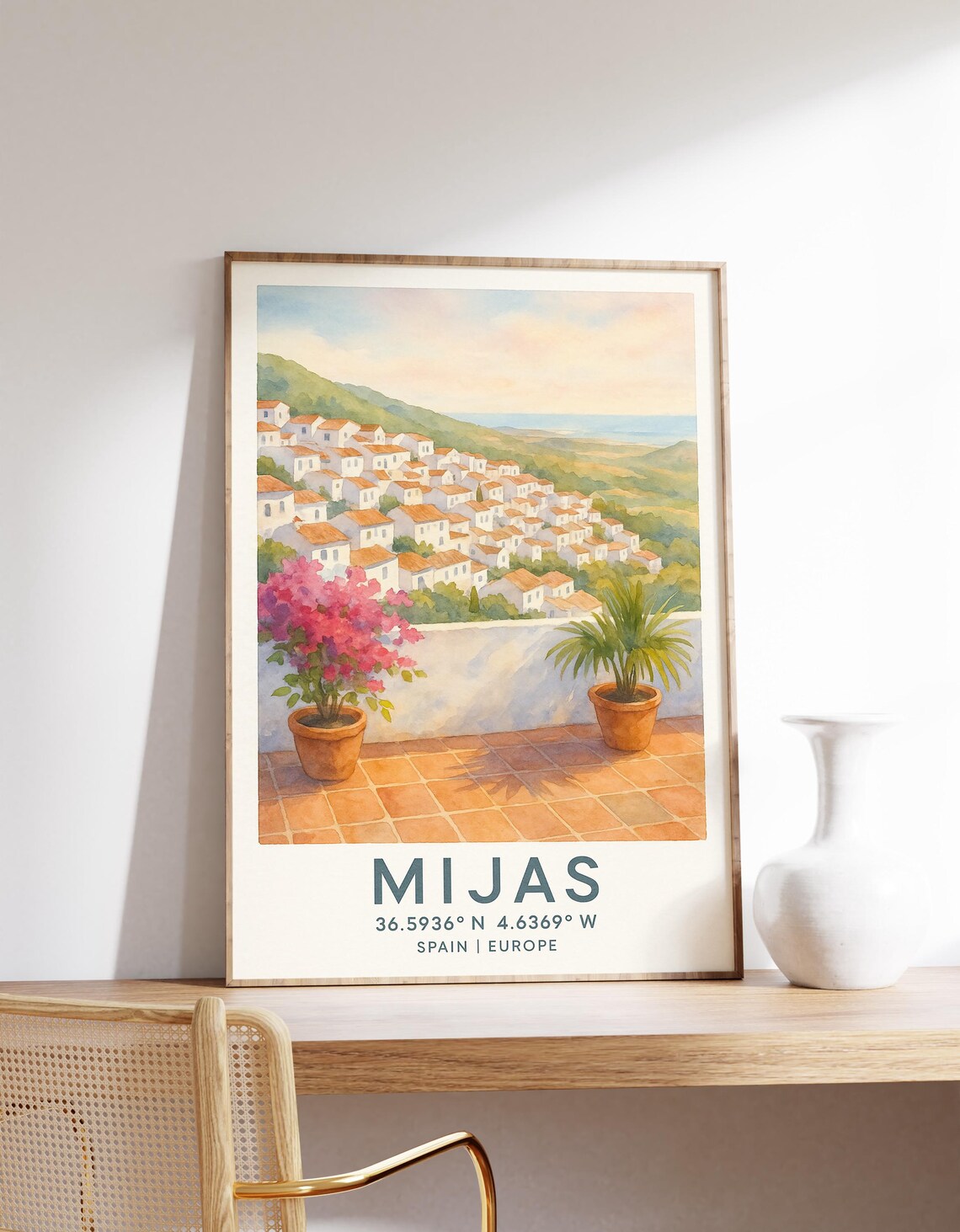 Mijas Spain Whitewashed Hillside Village Watercolor Travel Poster