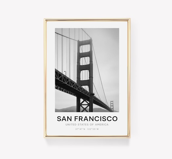 San Francisco Golden Gate Bridge Fog Black White Coordinates Poster