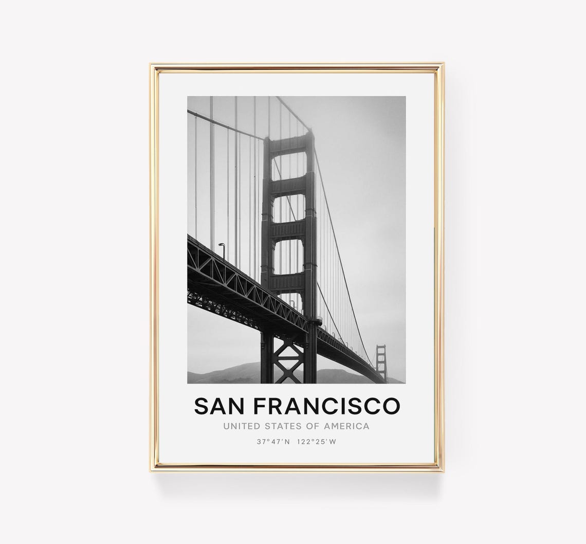 San Francisco Golden Gate Bridge Fog Black White Coordinates Poster