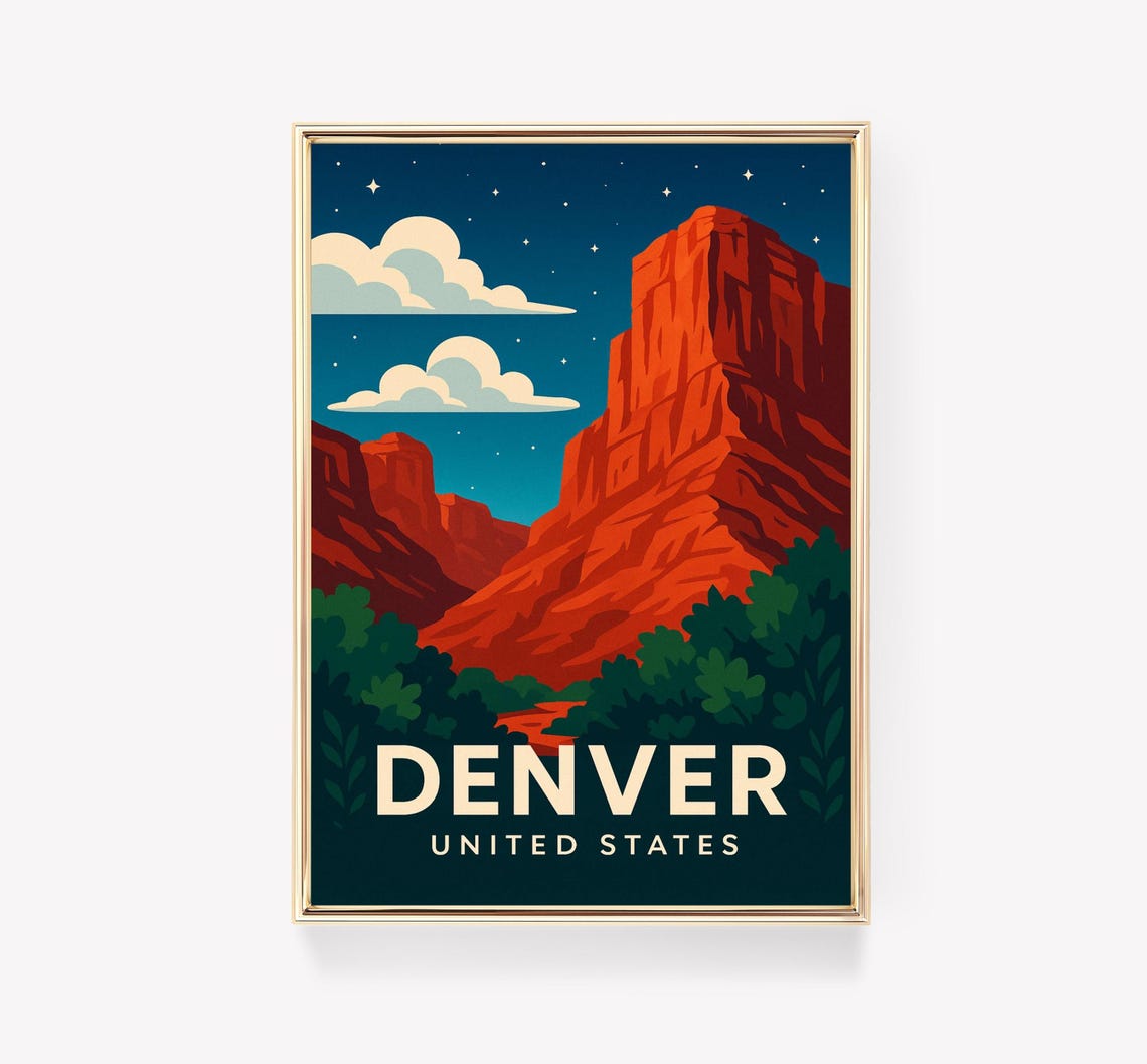 Denver United States Red Rock Cliffs Night Sky Travel Poster