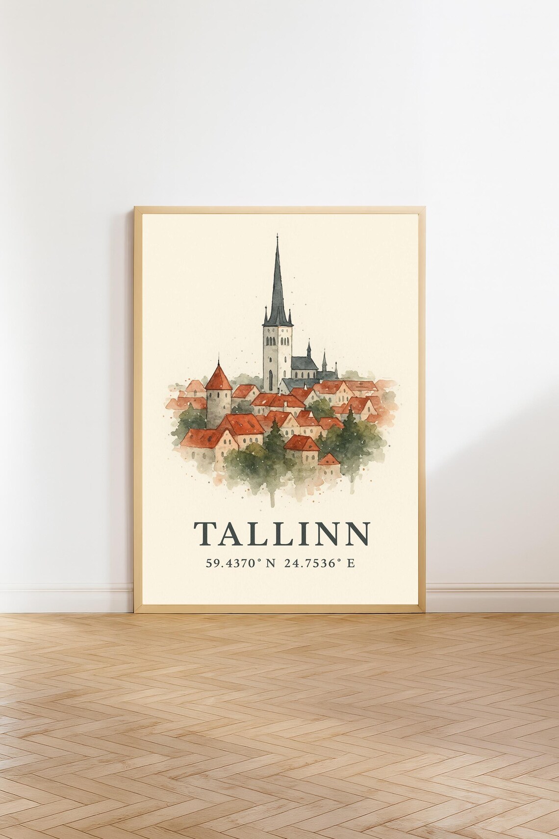 Tallinn Estonia Old Town Watercolor Coordinates Minimal Travel Poster