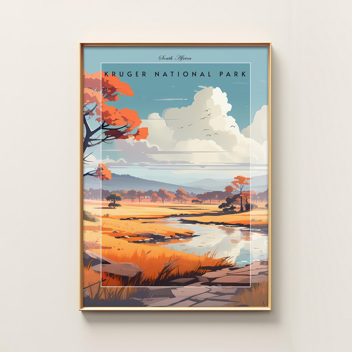 Kruger National Park South Africa Savanna River Safari Sunset Travel Poster