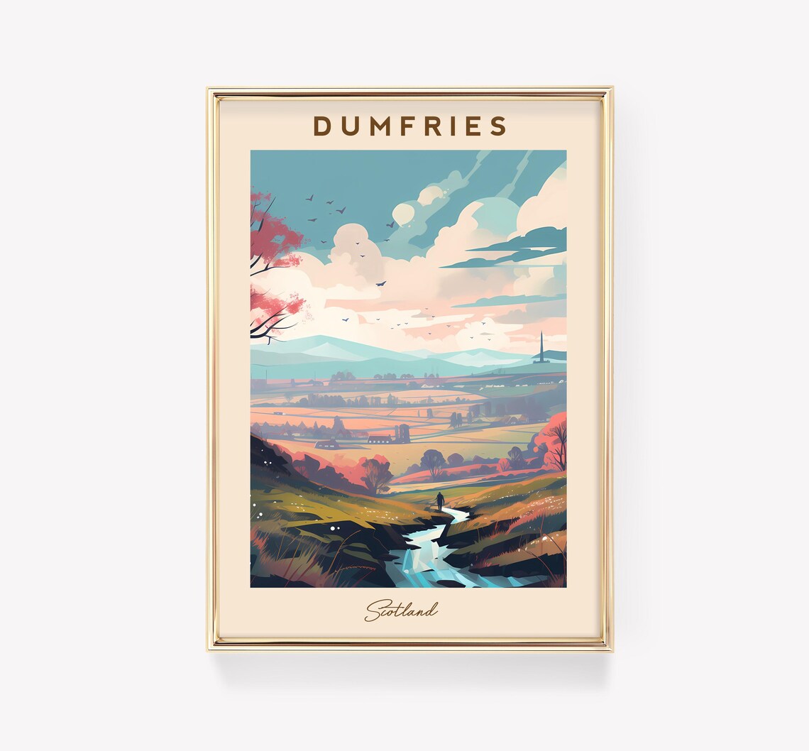 Dumfries Scotland Rolling Countryside Stream Vintage Travel Poster