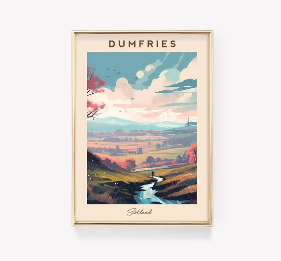Dumfries Scotland Rolling Countryside Stream Vintage Travel Poster
