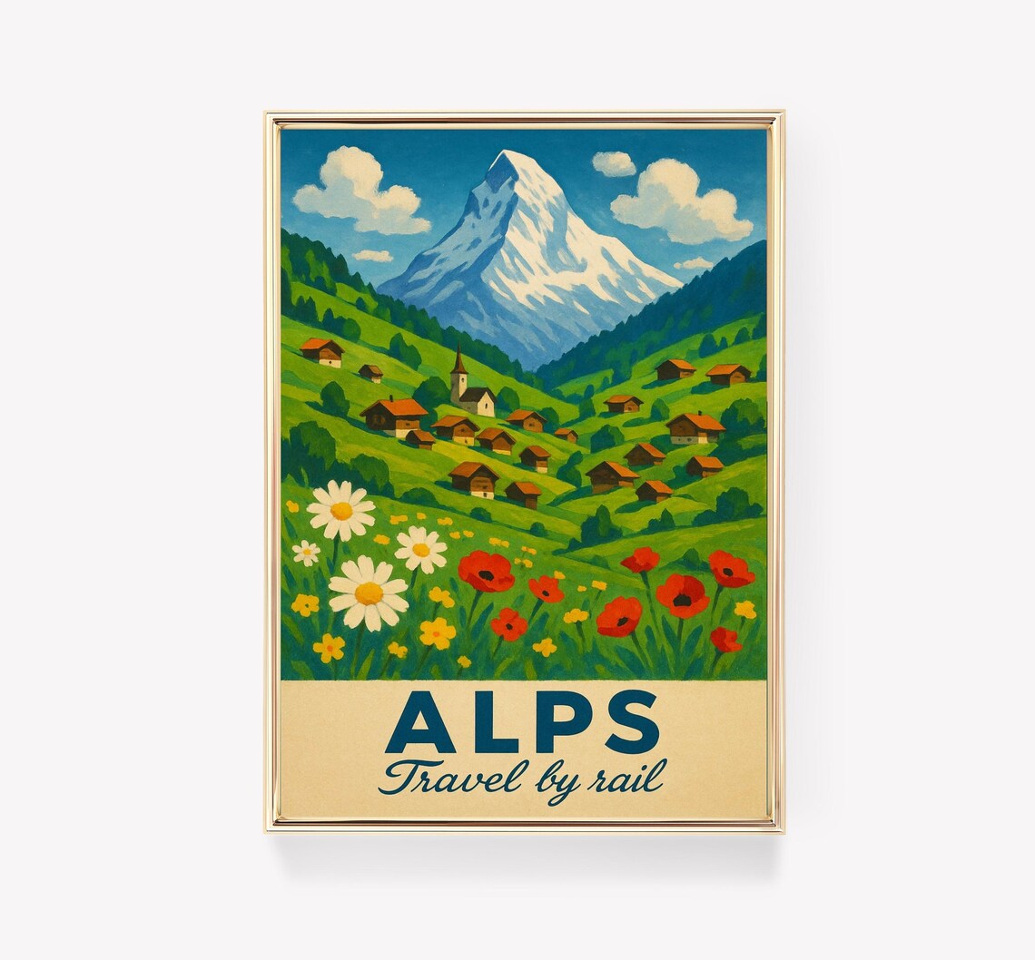 Alps Travel by Rail Vintage Swiss Mountain Village Meadow Poster