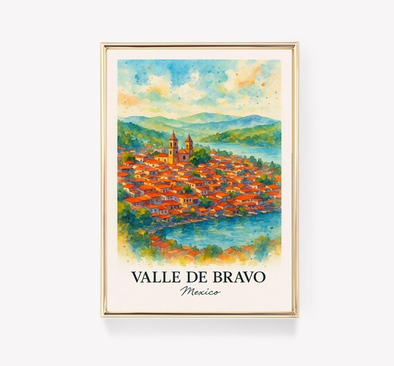 Valle de Bravo Mexico Vintage Travel Poster Watercolor Lake Town View