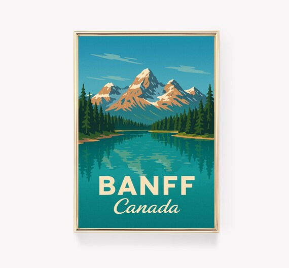 Banff Canada Retro Travel Poster Snow Peaks Alpine Lake Reflection