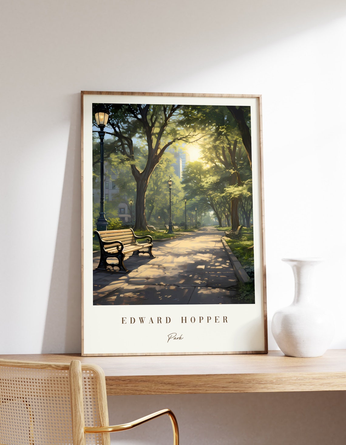 Edward Hopper Inspired Park Sunlit Path Benches Lampposts Poster