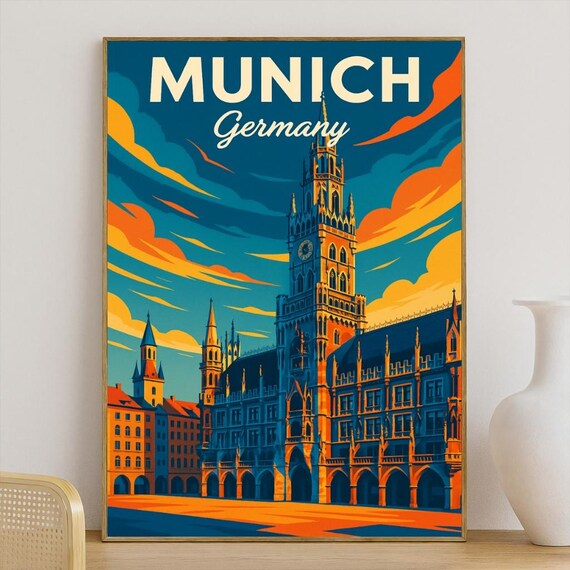 Munich Germany Neues Rathaus Tower Vintage Sunset Travel Poster