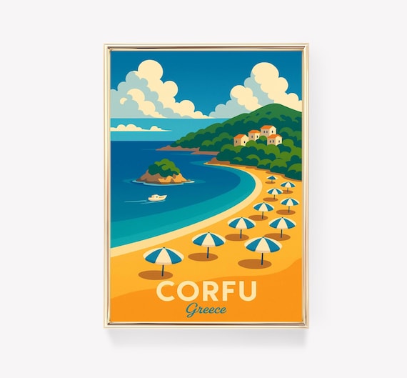 Corfu Greece Vintage Beach Umbrellas Seaside Resort Travel Poster
