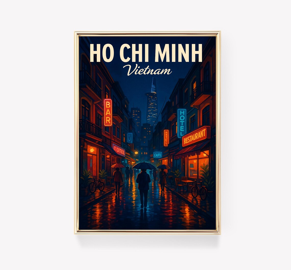 Ho Chi Minh Vietnam Rainy Neon Street Night Scene Vintage Travel Poster