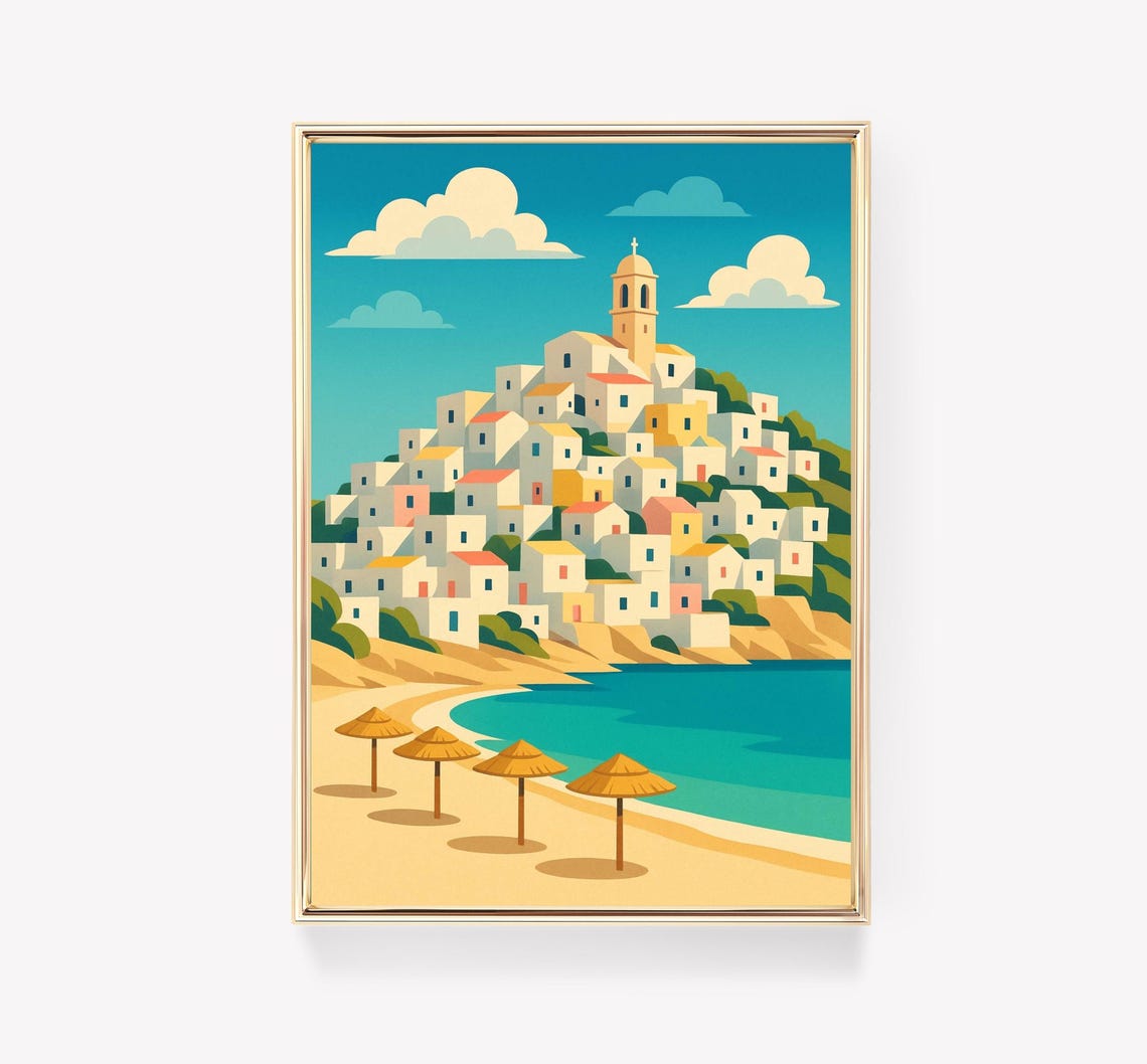 Sunny Greek Island Whitewashed Coastal Town Beach Travel Poster