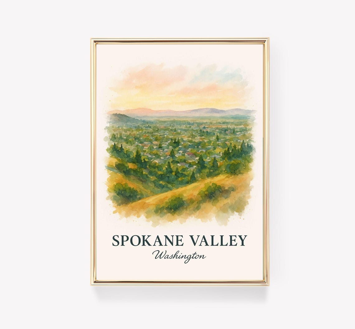 Spokane Valley Washington Watercolor Travel Poster Sunset Hills