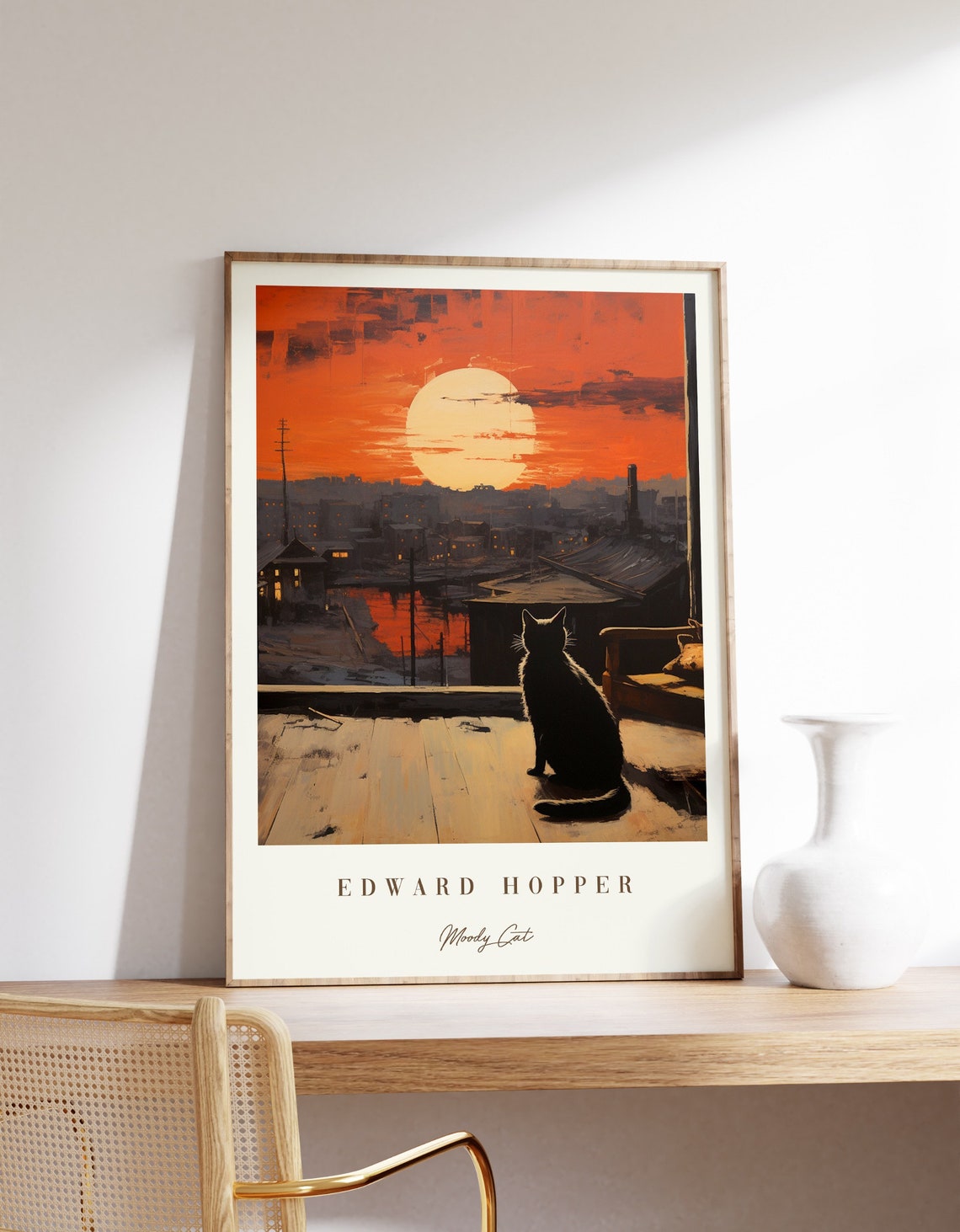 Edward Hopper Moody Cat Black Cat Sunset Cityscape Art Poster